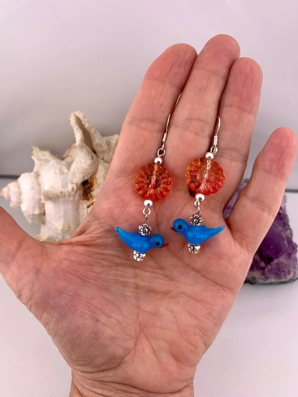 BLUEBIRD Orange Flower Lampwork Glass Bead Handmade Earrings LR213